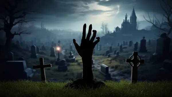Mão Mortos Ressuscitados Sepultura Cemitério Cruzes Sepultura Halloween Zumbis Noite — Fotografia de Stock