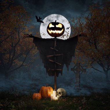 Cadılar Bayramı korkuluğu kabak kafalı ve geceleri mezarlıkta parlayan gözleriyle. Balkabakları, mumlar ve kafatası. 3d hazırlayıcı