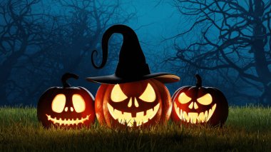 Geceleri doğada parlayan korkunç balkabakları, Cadılar Bayramı. 3d hazırlayıcı