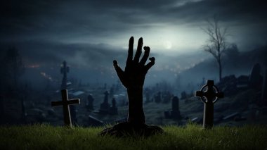 Mezarlıktaki mezarlıktan ölü olarak dirilen el, Cadılar Bayramı mezarı haçları, geceleri zombiler. 3d hazırlayıcı