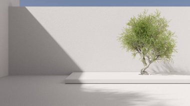Avluda, duvarlarla çevrili, mavi gökyüzü olan minimalizm mimari ağacı. 3d hazırlayıcı