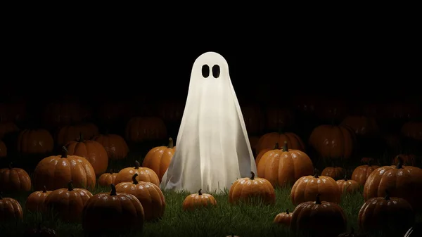 Ghost Field Pumpkins Night Halloween Glowing Ghost Sheet Render — Stock Photo, Image
