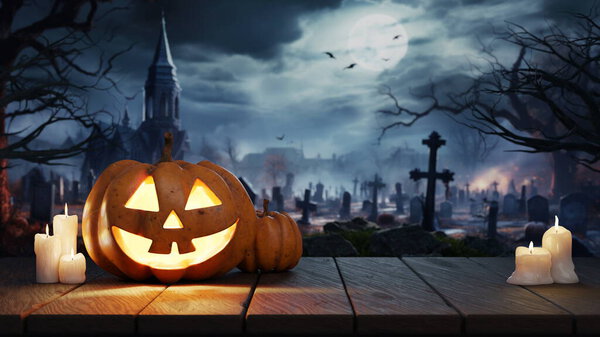 Halloween Pumpkin Jack O Lantern On Table In Spooky Graveyard At Night, Full Moon. Graves in the background. 3d render