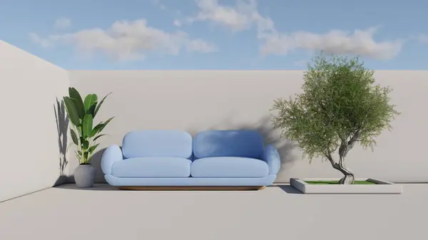 Minimalism architecture sofa and tree in the courtyard surrounded by walls, blue sky. 3d render