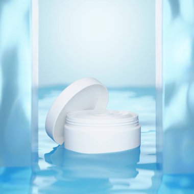 Küpteki yüz için beyaz krem serumu ıslak mavi arka planda su, cilt bakımı. Doğal kozmetik, nemlendirici. 3d hazırlayıcı