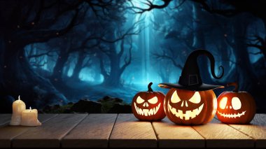 Cadılar Bayramı 'nın arka planında balkabakları ve mumlar parlıyordu. Korkunç bir ormanın arka planında. 3d hazırlayıcı