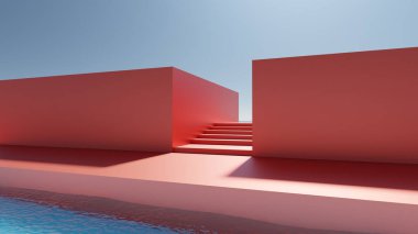 Minimalizm mimari havuzu, mavi gökyüzü ve kırmızı duvarlar. 3d hazırlayıcı