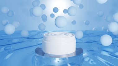 Küpteki yüz için beyaz krem serumu ıslak mavi arka planda su, cilt bakımı. Doğal kozmetik, nemlendirici. 3d hazırlayıcı