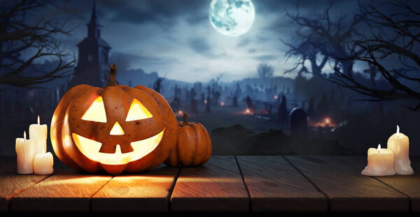 Halloween Pumpkin Jack O Lantern On Table In Spooky Graveyard At Night, Full Moon. Graves in the background. 3d render