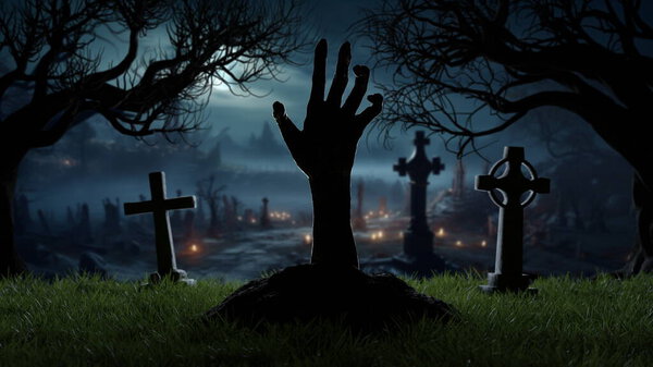 Halloween Hand of risen dead from grave in cemetery, grave crosses, zombies at night. 3d render