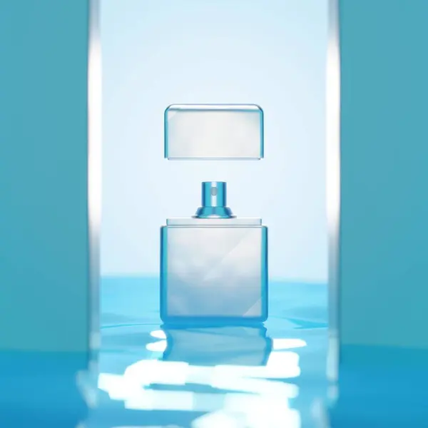 Perfume face lotion in a bottle on a wet blue background in water, skin care. Natural perfumes, cosmetics, moisturizing. 3d render