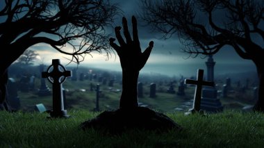 Cadılar Bayramı 'nın El' i mezarlıktan, mezarlıktan, mezar haçlarından, geceleri zombilerden dirildi. 3d hazırlayıcı