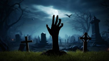 Mezarlıktaki mezarlıktan ölü olarak dirilen el, Cadılar Bayramı mezarı haçları, geceleri zombiler. 3d hazırlayıcı