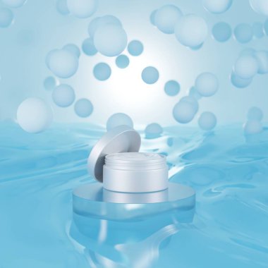 Küpteki yüz için beyaz krem serumu ıslak mavi arka planda su, cilt bakımı. Doğal kozmetik, nemlendirici. 3d hazırlayıcı