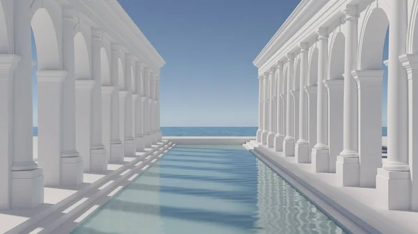 Antique architecture columns, outdoor blue water pool. Blue sky and sea. Minimalism vacation relaxation. 3d render