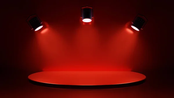 Red background Round Podium for cosmetic product, object. Empty platform, platform space place. Modern pedestal product background. 3d render