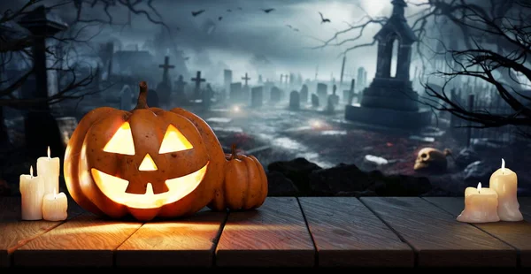 Halloween Pumpkin Jack O Lantern On Table In Spooky Graveyard At Night, Full Moon. Graves in the background. 3d render