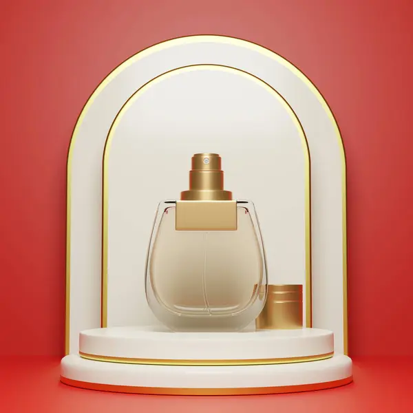 Perfume bottle on white podium for product, object. Round platform, platform space place. Modern pedestal cosmetic spray bottle product color background. 3d render