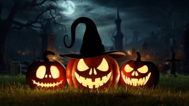 Cadılar Bayramı 3 'ün balkabakları mezarlıkta gece mezarların yanında parlıyordu. 3d hazırlayıcı