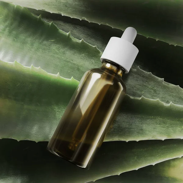Bottle natural oil aloe, medicine beauty health, background, liquid cosmetic serum. Glass Bottle, care organic herbal, treatment spa, skin aromatherapy. 3d render