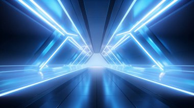 Uzay istasyonu gemisinin koridor tüneli, parlak mavi renkli fütüristik paneller, ışığın metal duvarlar yansıması. Podyum sahnesi çok uzakta. 3d hazırlayıcı