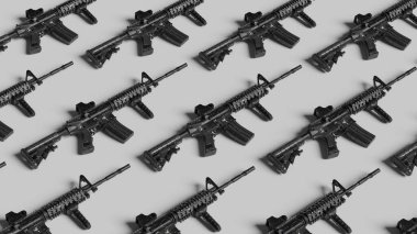 M4A1 karabinası, silah malzemeleri, askeri çatışma. Çok sayıda otomatik tüfek, silahlar var. 3d hazırlayıcı