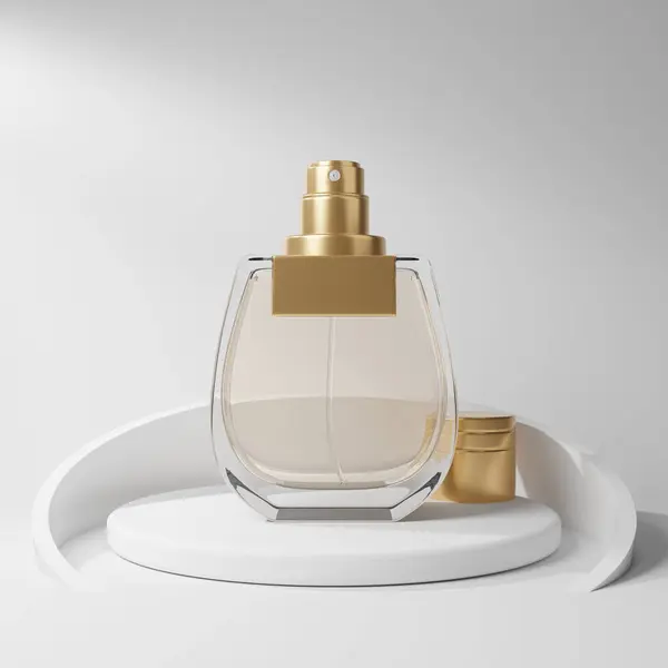 Perfume bottle on white podium for product, object. Round platform, platform space place. Modern pedestal cosmetic spray bottle product color background. 3d render