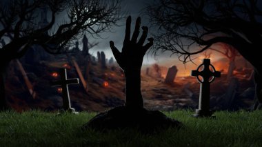 Cadılar Bayramı 'nın El' i mezarlıktan, mezarlıktan, mezar haçlarından, geceleri zombilerden dirildi. 3d hazırlayıcı