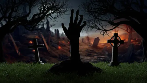 Cadılar Bayramı 'nın El' i mezarlıktan, mezarlıktan, mezar haçlarından, geceleri zombilerden dirildi. 3d hazırlayıcı