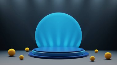 Kozmetik ürünler için mavi arka plan yuvarlak podyumu, nesne. Boş platform, platform uzayı. Modern kaidesel ürün arka planı. 3d hazırlayıcı