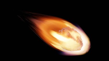 Göktaşı, kuyruklu yıldızın dünyaya düşmesi, kıyamet felaketi, tehlike göktaşı. Büyük ateşli kuyruklu yıldız uzayda Dünya 'ya doğru uçuyor. 3d hazırlayıcı