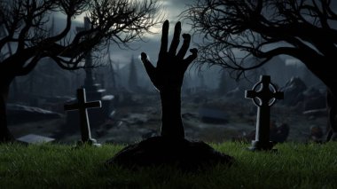 Mezarlıktaki mezarlıktan ölü olarak dirilen el, Cadılar Bayramı mezarı haçları, geceleri zombiler. 3d hazırlayıcı