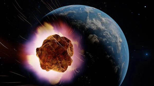 Göktaşı, kuyruklu yıldızın dünyaya düşmesi, kıyamet felaketi, tehlike göktaşı. Büyük ateşli kuyruklu yıldız uzayda Dünya 'ya doğru uçuyor. 3d hazırlayıcı