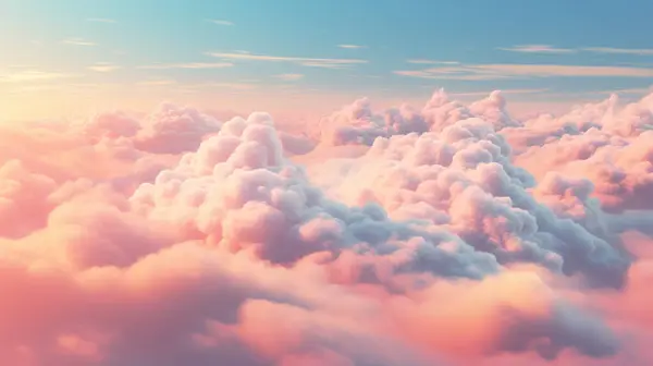 Pink blue clouds at sunset, cloudy air, flying in the sky, landscape sky at dawn. 3d render
