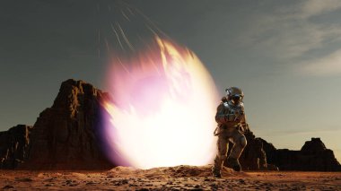 Astronot düşen kuyruklu yıldız asteroitinden kaçar, uzaydan gelen ateşli göktaşı kızıl gezegen Mars 'ın yüzeyine çarpar. Felaket! 3d hazırlayıcı
