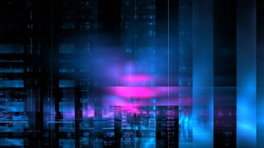 Dijital şehir matrisi, metaevren. Gelecekçi teknolojik dijital şehir, siber uzayın parıldayan yapıları. 3d hazırlayıcı