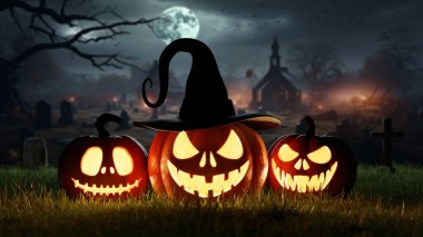 Cadılar Bayramı 3 'ün balkabakları mezarlıkta gece mezarların yanında parlıyordu. 3d hazırlayıcı