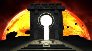 Paralel evrene açılan antik uzay geçidi. Kozmos galaksisi yıldızları, ışıltılı bir geçit. 3d hazırlayıcı