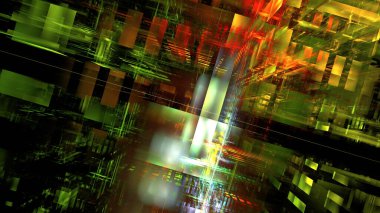 Kesişen çizgilerle ve yeşil ve kırmızı tayfta patlayan ışıkla üç boyutlu canlı dijital kaos. 3d hazırlayıcı