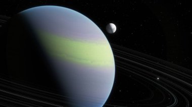Yörüngede parlak halkaları ve ayı olan gaz devi yıldızlı evrenin derin karanlığına karşı koyuyor. 3d hazırlayıcı