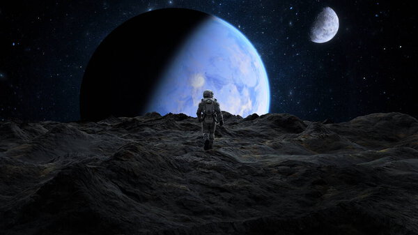Астронавт шагает по поверхности Луны, а Земля поднимается в звездном небе, исследуя и удивляясь. 3D рендеринг