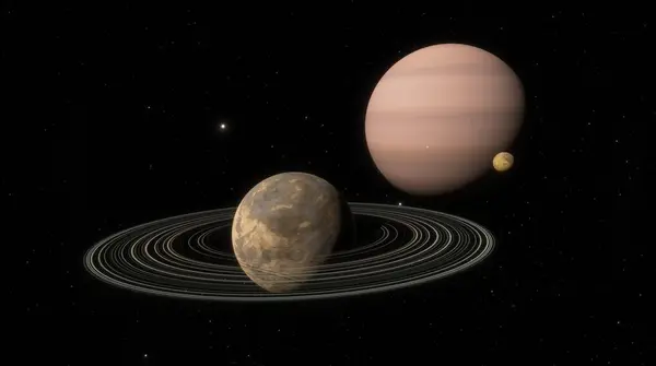 惑星系 広大な宇宙空間 より小さな月を持つ大きな環状惑星 そして背景にあるガス巨人 宇宙の穏やかな美しさ 3Dレンダリング — ストック写真
