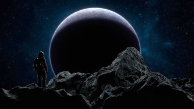 Astronot yıldızlı bir gökyüzünün altında engebeli bir dünya dışından büyük bir gezegene bakıyor. Uzayda kozmonot. 3d hazırlayıcı