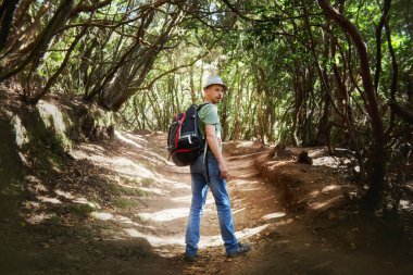 Sırt çantası takan bir adam sık bir ormanda ağaçların arasında duruyor. Tenerife, İspanya