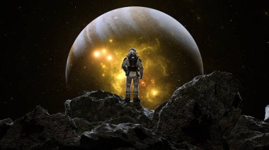 Astronot, kozmosun ortasındaki devasa, aydınlık bir ay gezegeninin ışığı altında yabancı bir araziyi inceliyor. 3d hazırlayıcı
