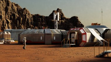 Mars kolonisinin yanında habitat modülleri ve puslu bir gökyüzünün altında kayalık bir uçurumu olan bir astronot. 3d hazırlayıcı