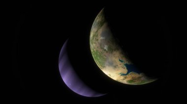 Vibrant exoplanet and its purple moon in a crescent phase create a striking contrast against the vastness of space. 3d render clipart