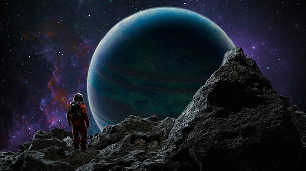 Астронавт стоит на неровной поверхности, глядя на огромную, загадочную планету под звездным небом. 3D рендеринг