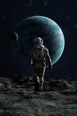 Yalnız astronot kozmonot uzayın enginliğiyle yüzleşir. Devasa gezegen ve uydu görüş alanında. 3d hazırlayıcı