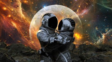 Uzay elbiseli iki astronot kozmik ortamda sarılıyor ve arka planda canlı galaksiler var. Sevgi. 3d hazırlayıcı
